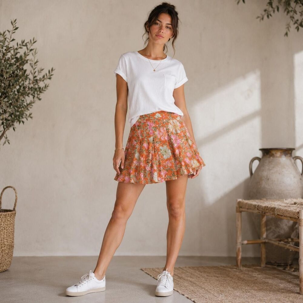 FREE PEOPLE Women's Mini Skirt 6 Orange Pink Flowy 100% Cotton